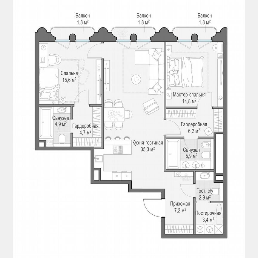 2-к. квартира, 102,3 м², 6/13 эт.