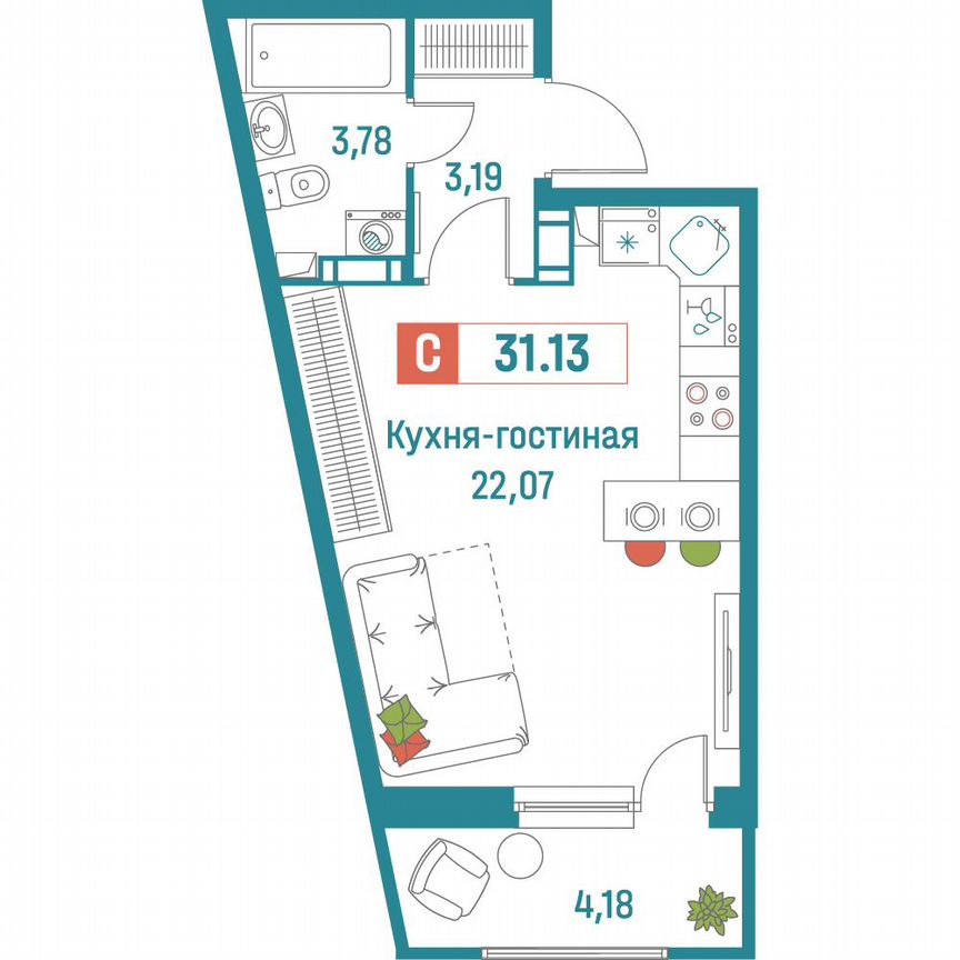 Квартира-студия, 31,1 м², 3/18 эт.