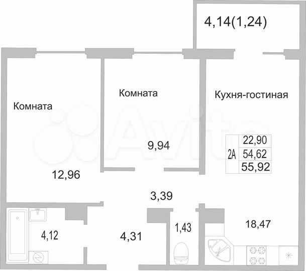 2-к. квартира, 55,9 м², 1/9 эт.
