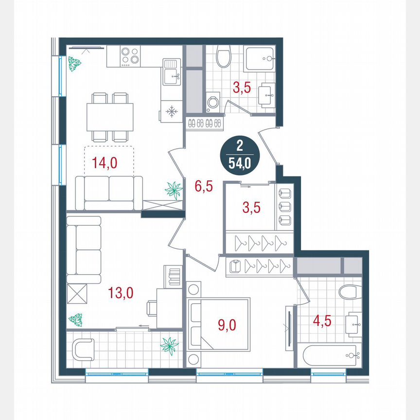 2-к. квартира, 54 м², 12/17 эт.