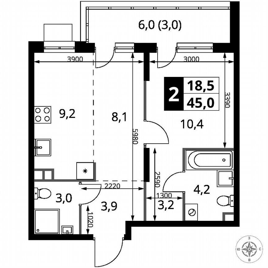 2-к. квартира, 45 м², 2/25 эт.