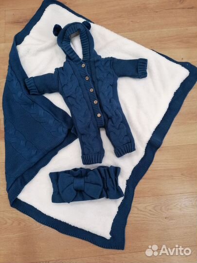 Вязаный комплект на выписку, зимний конверт