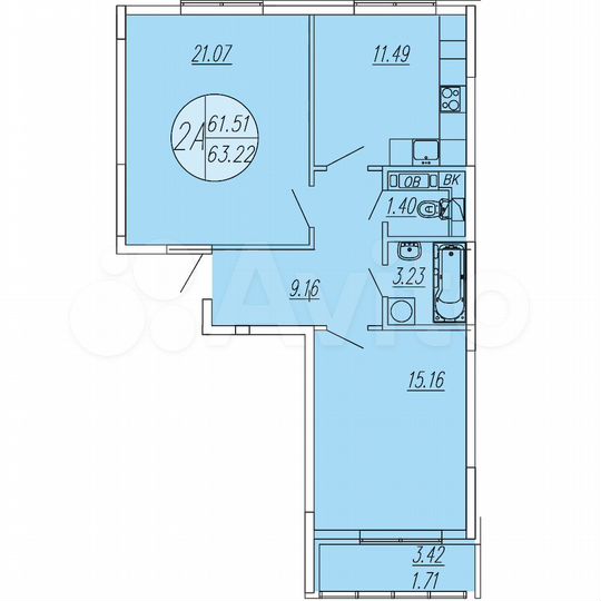 2-к. квартира, 63,2 м², 1/4 эт.