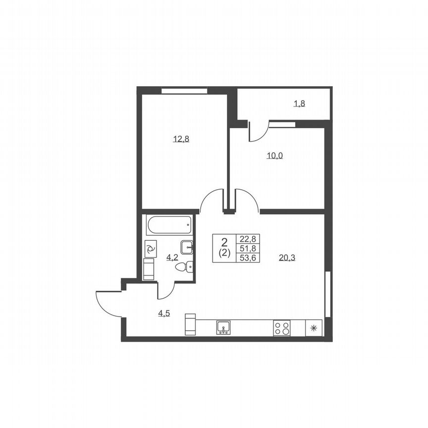 2-к. квартира, 53,6 м², 6/8 эт.