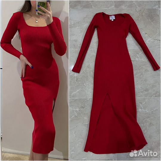 Платье красное моделирующее с разрезом xs