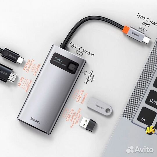 Хаб Baseus Metal Gleam Series 4в1 cahub-CY0G новый