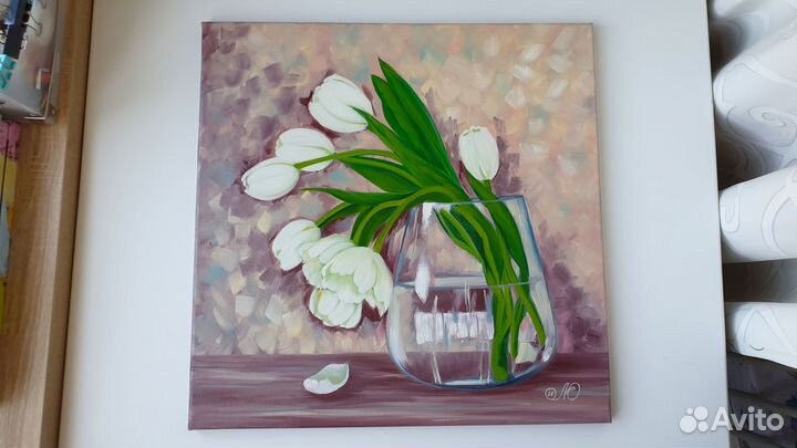 Картина Тюльпаны белые цветы 50х50см холст масло