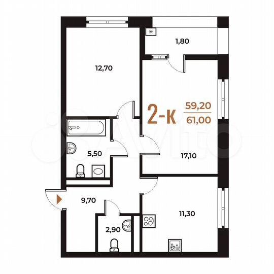 2-к. квартира, 61 м², 2/8 эт.