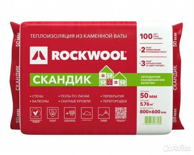 Утеплитель rockwool скандик 800х600х50/12 плит