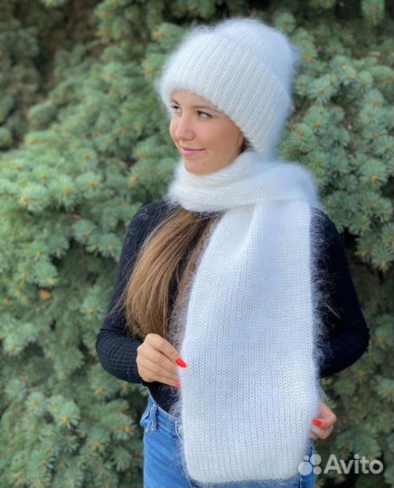 Шапка вязаная пуховая женская Шарф белый пуховый