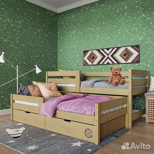 Кроватка с доп. местом из натурального дерева матр