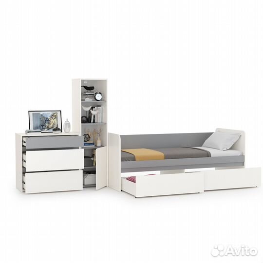 Кровать 800 с комодом и стеллажом Торонто, цвет белый шагрень/стальной серый, шхгхв 314х84,4х149,7 с
