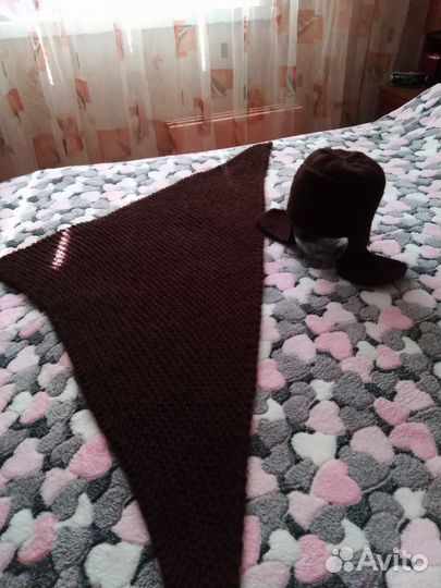 Комплект шапка ушанка и(длинный вяз. шарф платок)