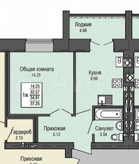 1-к. квартира, 37,3 м², 9/9 эт.