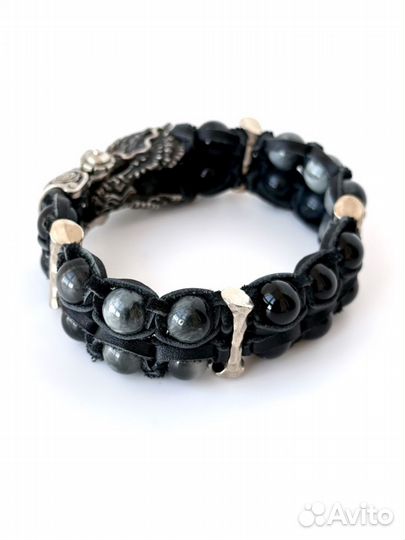 Браслет Дракон, черный агат и кварцевый кошачий гл