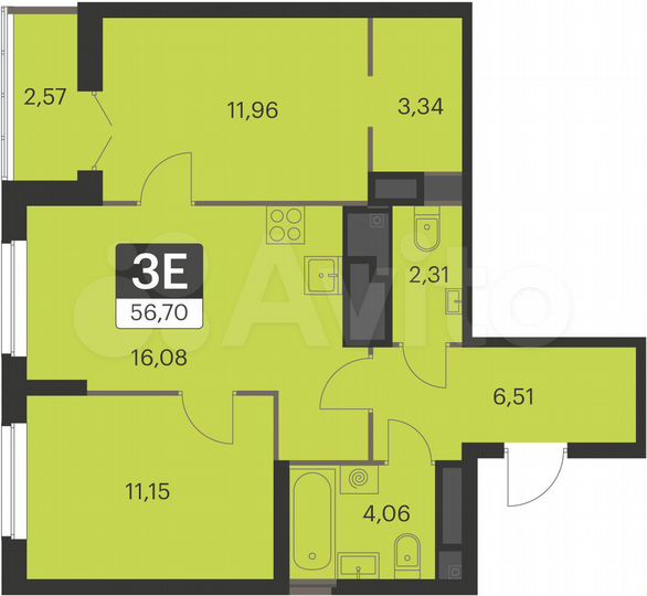 2-к. квартира, 56,7 м², 17/17 эт.
