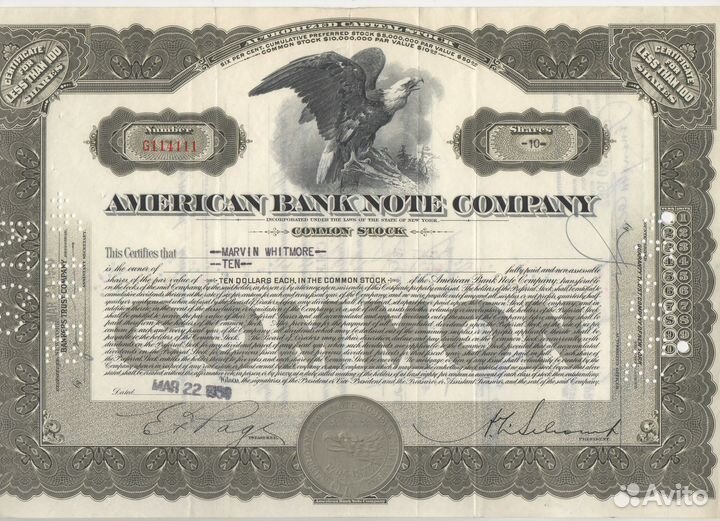 США, American Bank Note Company, Акция, 1936 год