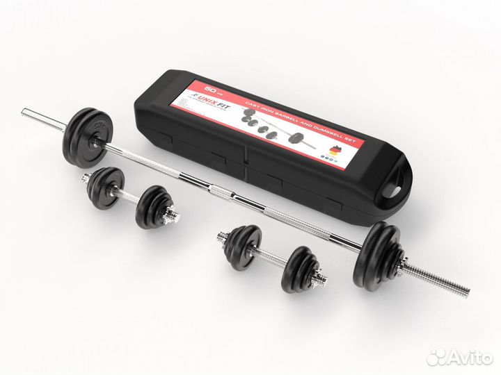Набор гантелей и штанга unixfit в кейсе 50 кг