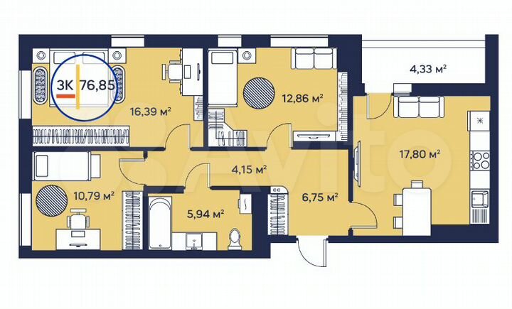 3-к. квартира, 76,8 м², 3/23 эт.