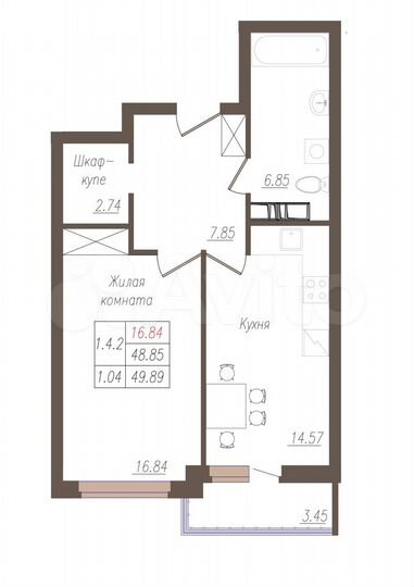 1-к. квартира, 49,9 м², 7/19 эт.