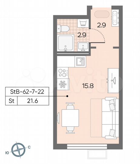 Квартира-студия, 21,6 м², 22/22 эт.