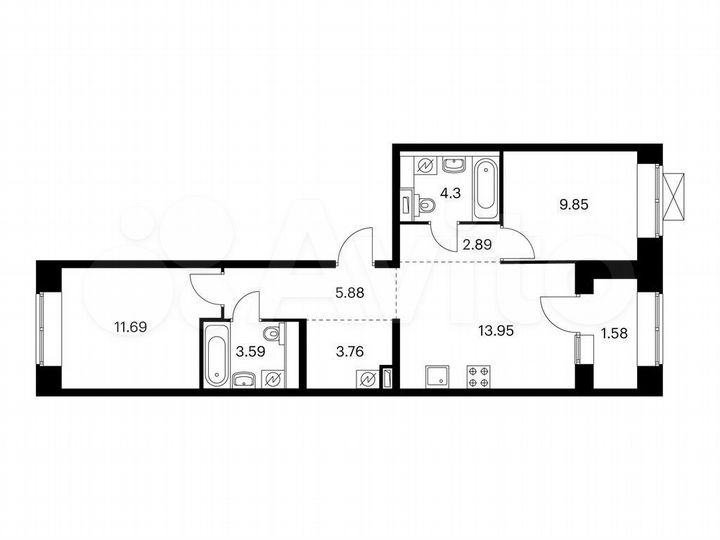 2-к. квартира, 57,5 м², 9/10 эт.