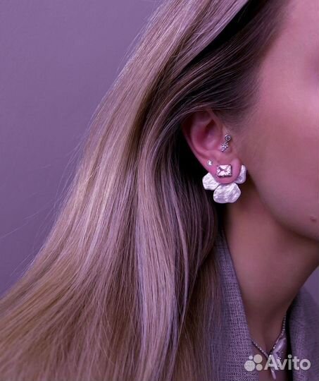 Серьги перламутровые цветы с розовым камнем