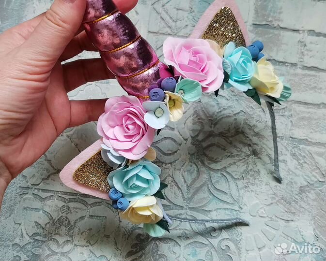 Ободок единорожки с цветами