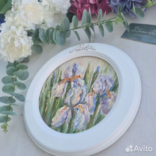 Картина ирисы маслом цветы круглая картина