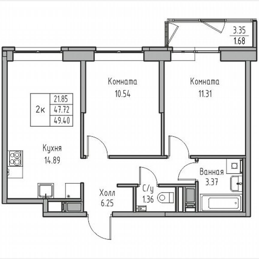 2-к. квартира, 49,4 м², 10/23 эт.