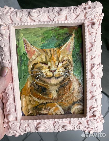 Картина маслом, рыжий кот в рамке 17х20 см