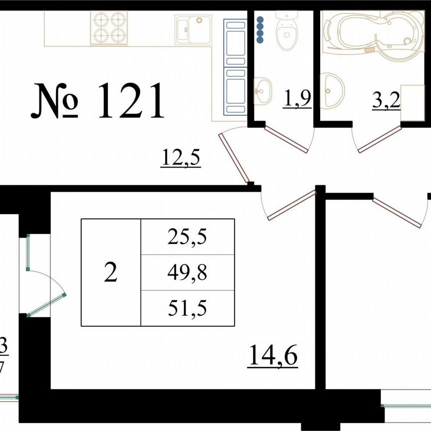 2-к. квартира, 51,5 м², 6/8 эт.