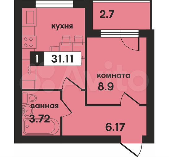 1-к. квартира, 31,1 м², 2/4 эт.