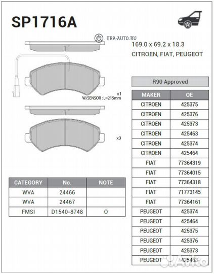 Sangsin brake SP1716A Колодки передние peugeot box