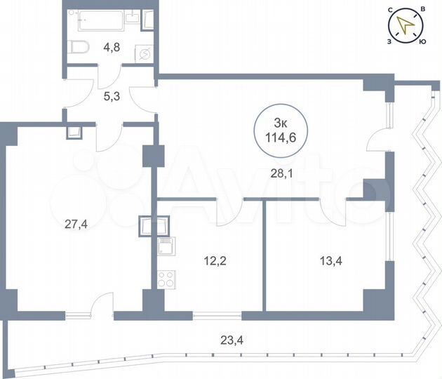 3-к. квартира, 114,6 м², 13/25 эт.