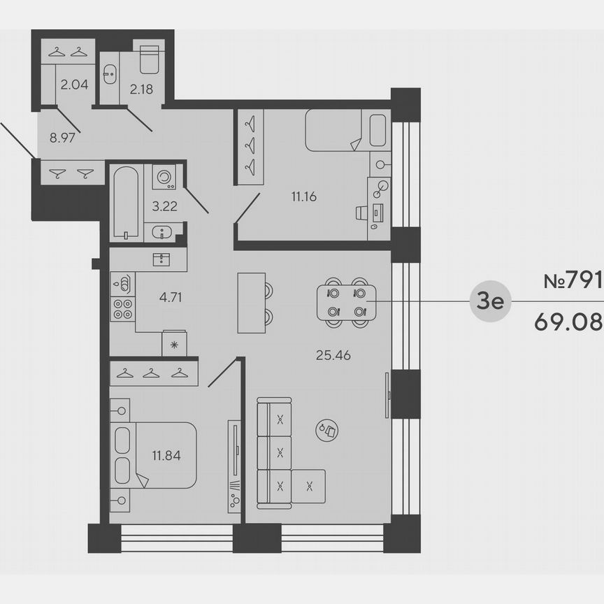 2-к. квартира, 68,4 м², 14/18 эт.