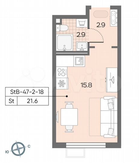 Квартира-студия, 21,6 м², 13/24 эт.