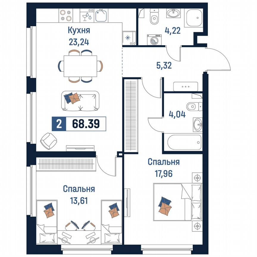 2-к. квартира, 68,4 м², 2/18 эт.