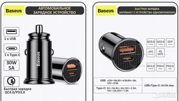 Автомобильное зарядное устройство baseus 30w