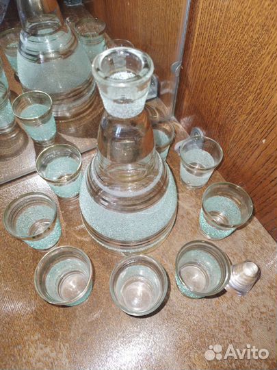 Графин и стопки, зеленое обсыпное стекло, СССР