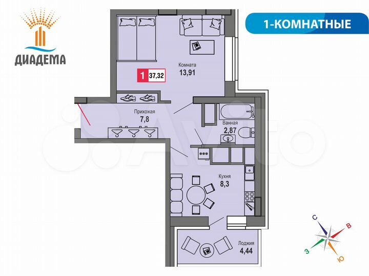 1-к. квартира, 37,3 м², 12/22 эт.