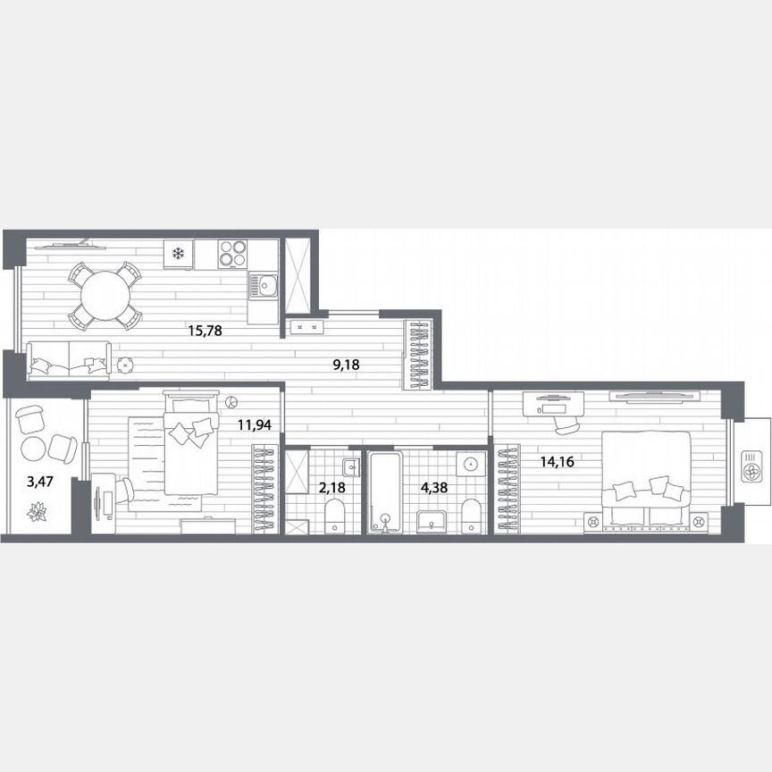 2-к. квартира, 59,4 м², 13/13 эт.