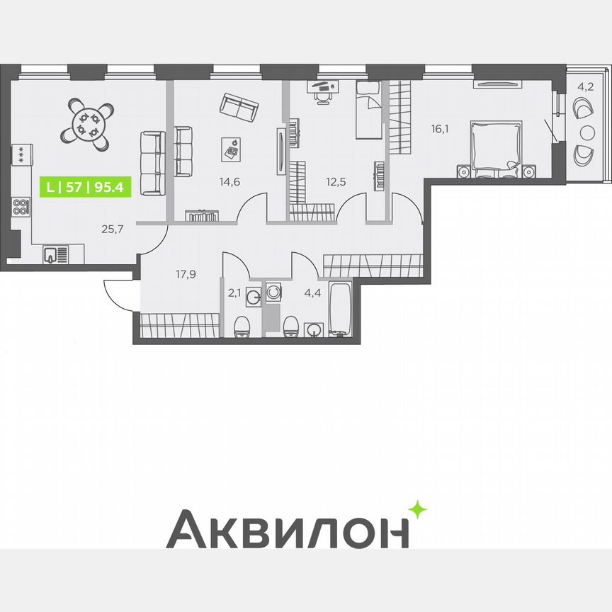 3-к. квартира, 95,4 м², 7/13 эт.