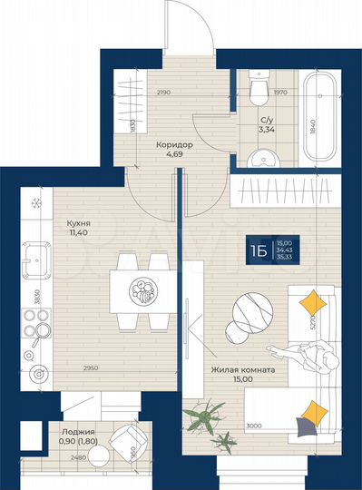 1-к. квартира, 35,3 м², 5/5 эт.