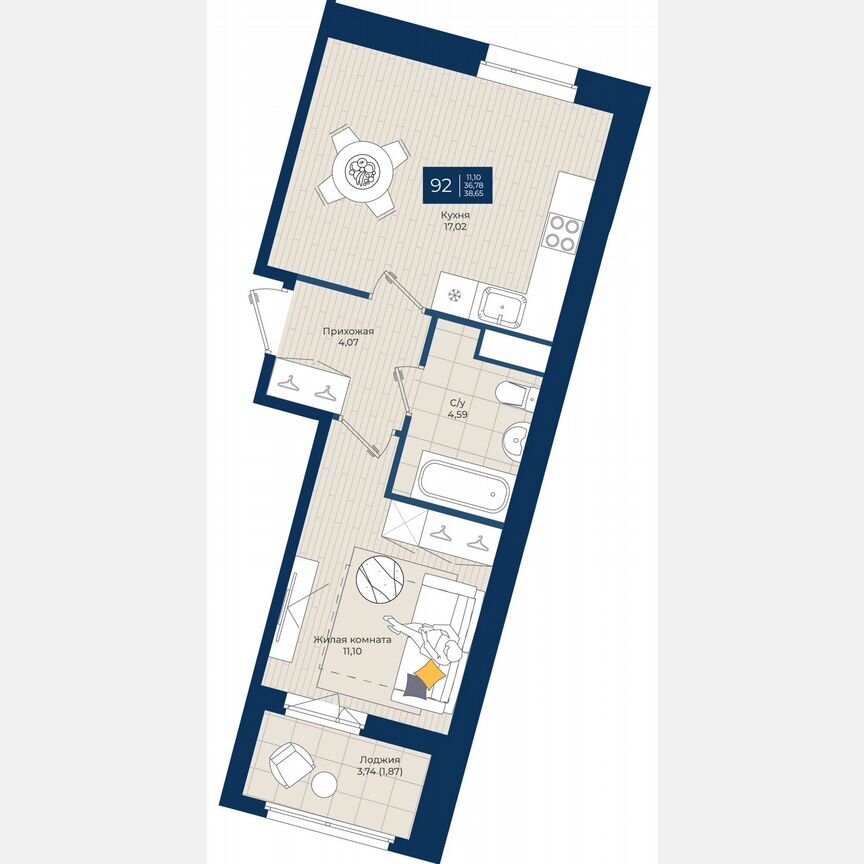 1-к. квартира, 38,7 м², 8/12 эт.