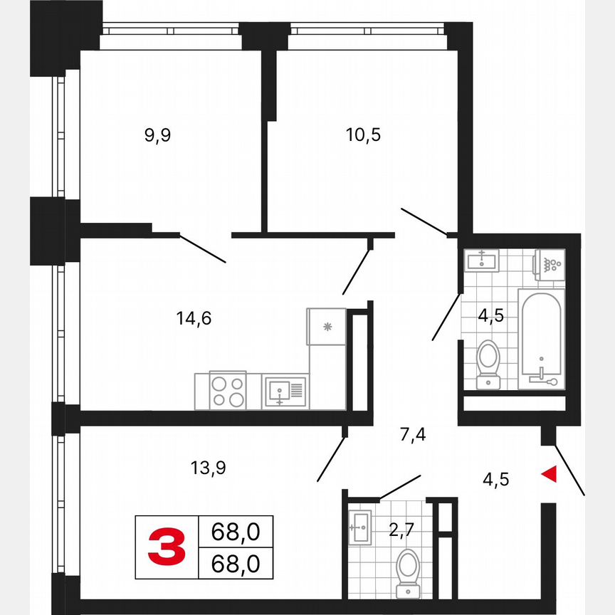 3-к. квартира, 68 м², 15/29 эт.