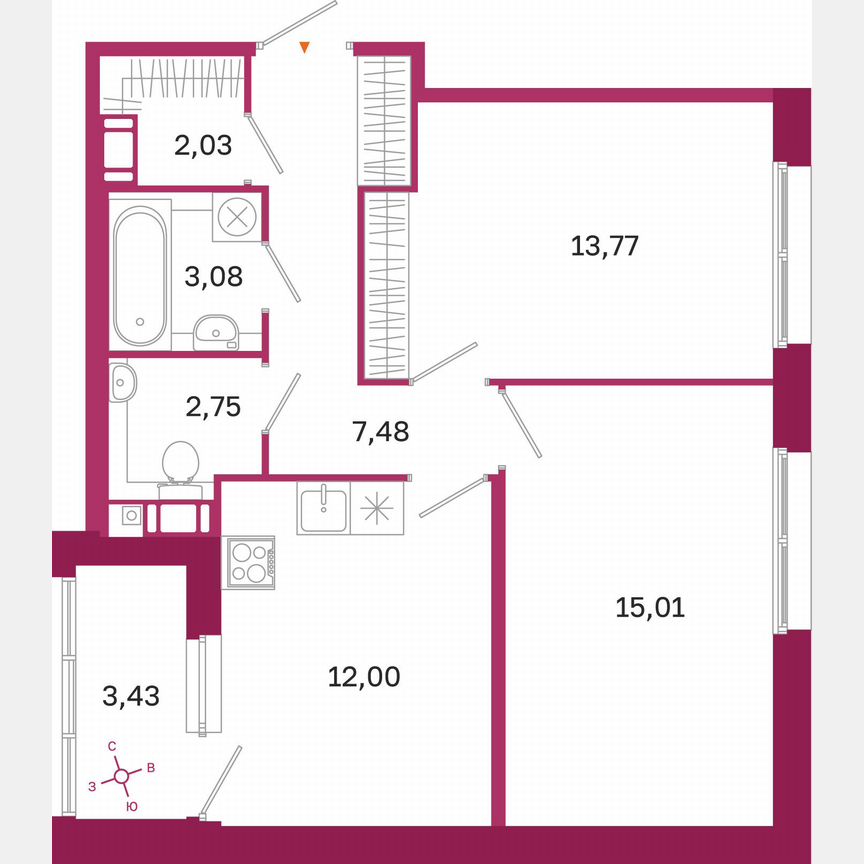 2-к. квартира, 57,8 м², 4/10 эт.