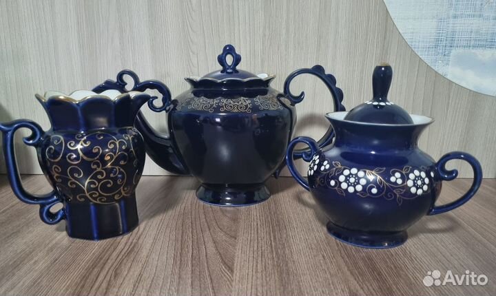 Чайник. Сливочник. Сахарница. Кобальт позолота