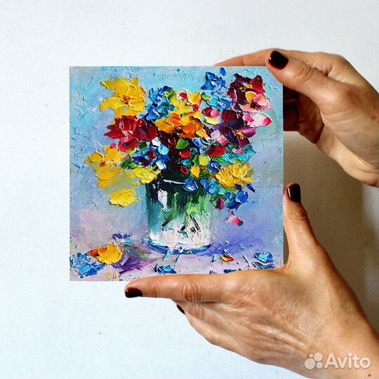 Картина маслом на холсте в раме Цветы букет в вазе
