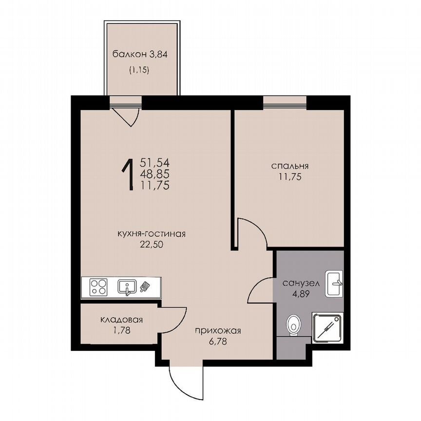 1-к. апартаменты, 48,9 м², 2/6 эт.